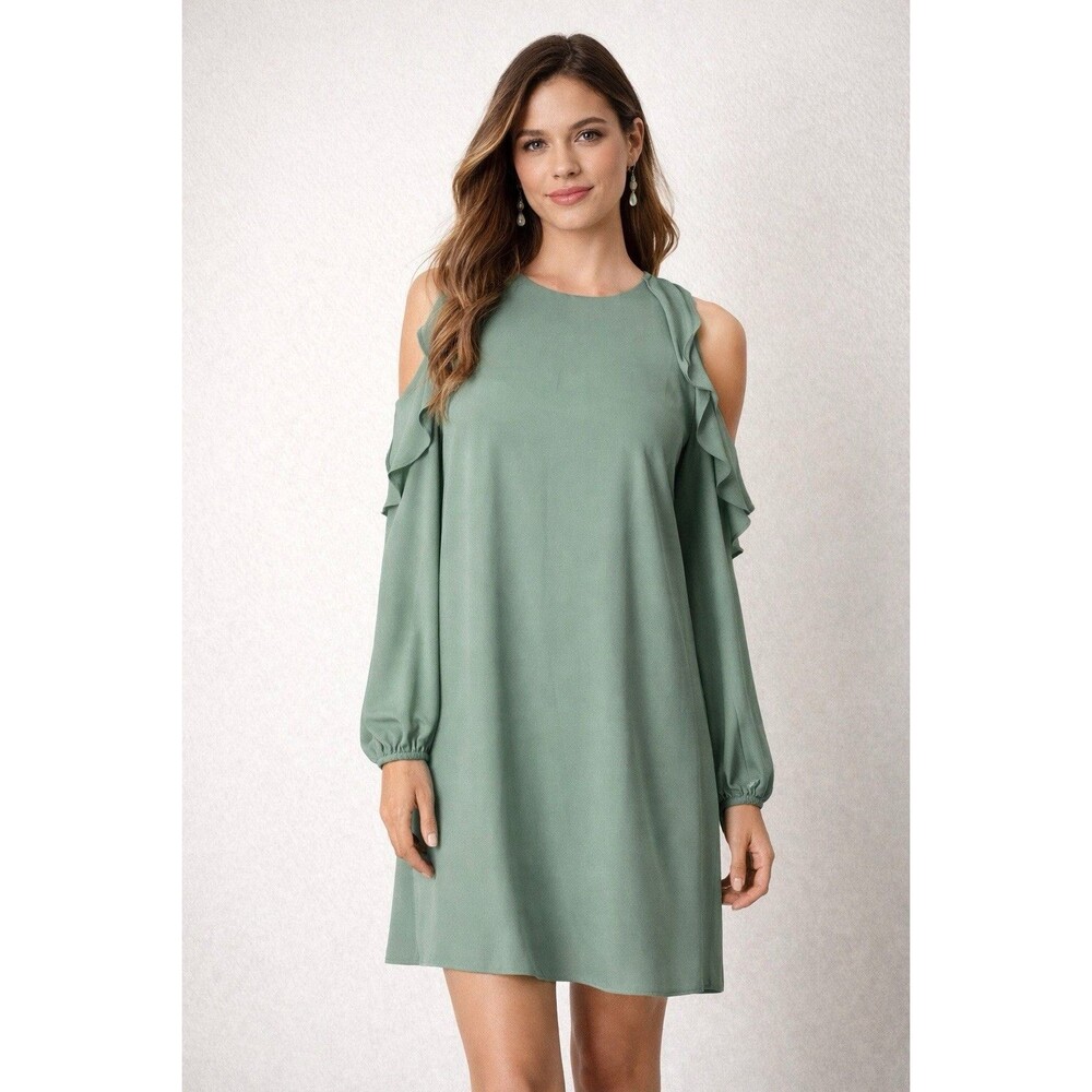 GIANNI BINI COLD SHOULDER RUFFLE SHIFT DRESS SAGE GREEN XS EUC